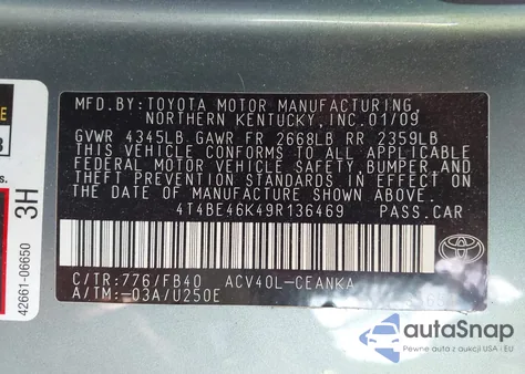 2009 Toyota Camry Le z USA, uszkodzony, nr VIN 4T4BE46K49R136469